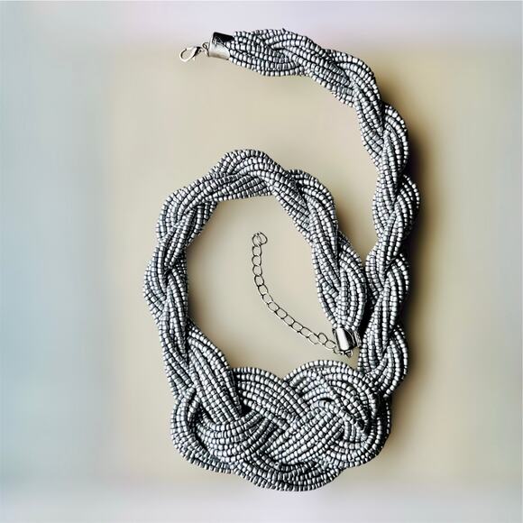 Beaded Multi Strand Twisted Knot Statement Collar Necklace, Silver Grey (NWT) - Picture 6 of 7